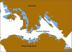 研究资助局公众讲座-气候变化 (第二节讲座 - 图 1) 如让全球气温在二十一世纪内上升2°C以上，海平面将会上升3至5米。香港将会有很多填海土地（图中蓝色的地方）被海水淹没。