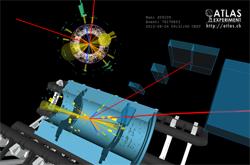 研究資助局公眾講座 - 粒子物理學 (第二節講座 - 圖 1) 希格斯粒子在ATLAS探測器中衰變至兩個電子及兩個渺子的事件顯示（圖片來源︰歐洲核子研究中心）