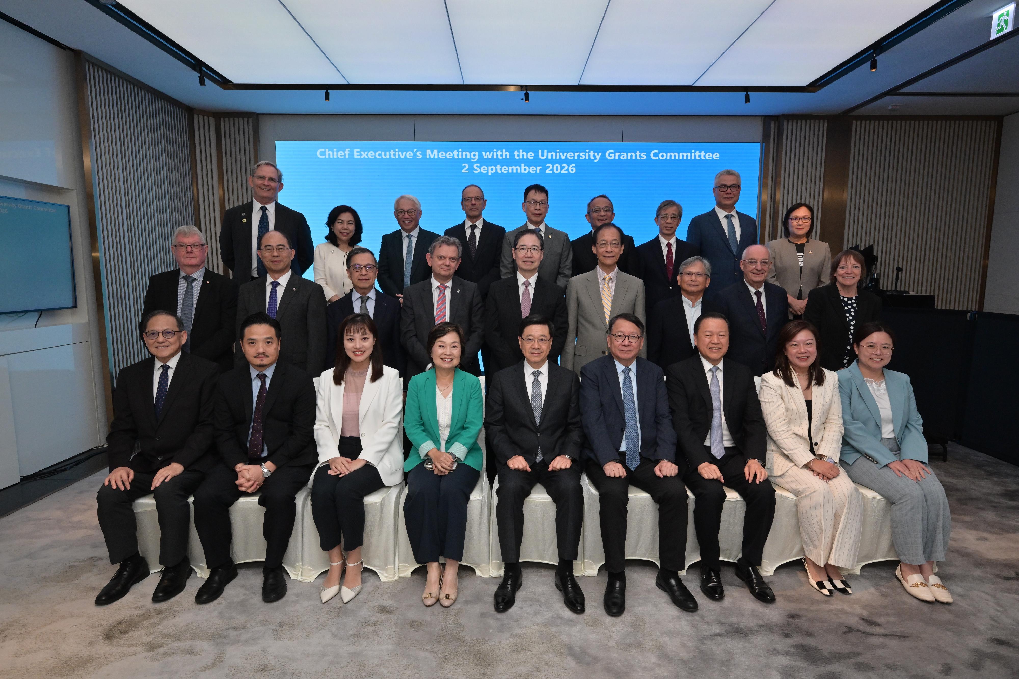 The Chief Executive, Mr John Lee (front row, centre); the Chief Secretary for Administration, Mr Chan Kwok-ki (front row, fourth right); the Secretary for Education, Dr Choi Yuk-lin (front row, fourth left); the Acting Secretary for Innovation, Technology and Industry, Ms Lillian Cheong (front row, third left); the Head of the Chief Executive's Policy Unit, Dr Stephen Wong (front row, second left); the Permanent Secretary for Education, Ms May Chan (front row, second right); and the Private Secretary to the Chief Executive, Ms Queenie Wong (front row, first right), met with the Chairman of the University Grants Committee (UGC), Mr Tim Lui (front row, third right), the Secretary-General of the UGC, Professor James Tang (front row, first left), and UGC members to exchange views on the development of the higher education sector of Hong Kong.