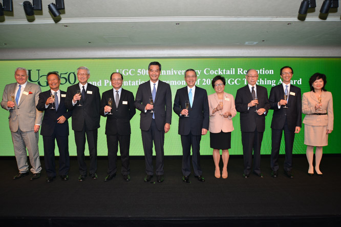The Chief Executive, Mr C Y Leung, the Secretary for Education, Mr Eddie Ng Hak-kim, Permanent Secretary for Education, Mrs Marion Lai, Chairman of the University Grants Committee (UGC), Mr Edward Cheng, Secretary-General of the UGC, Dr Richard Armour and former UGC chairmen, propose a toast today (September 9) at the cocktail reception to celebrate the 50th anniversary of the UGC. (From left) Dr Richard Armour, Dr Edgar Cheng, Mr Andrew Li, Mr Eddie Ng, Mr C Y Leung, Mr Edward Cheng, Mrs Laura Cha, Sir Yang Ti-liang, Mr Antony Leung and Mrs Marion Lai.