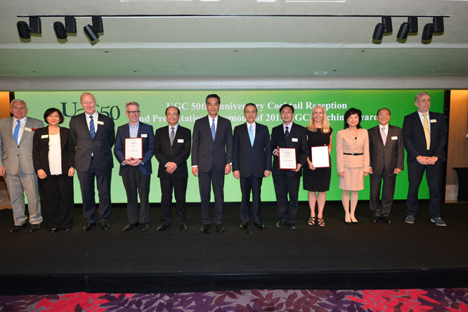 The Chief Executive, Mr C Y Leung, the Secretary for Education, Mr Eddie Ng Hak-kim, Permanent Secretary for Education, Mrs Marion Lai, Chairman of the University Grants Committee (UGC), Mr Edward Cheng, Secretary-General of the UGC, Dr Richard Armour and members of the selection panel of the 2015 UGC Teaching Award took a group photo with the three recipients of the 2015 UGC Teaching Award at the presentation ceremony. (From left) Dr Richard Armour, Dr Elaine Liu, Professor Adrian Dixon, Dr Michael Botelho, Mr Eddie Ng, Mr C Y Leung, Mr Edward Cheng, Professor Woo Kam-tim, Dr Gail Forey, Mrs Marion Lai, Dr Michael Mak, Professor Paul Blackmore.
