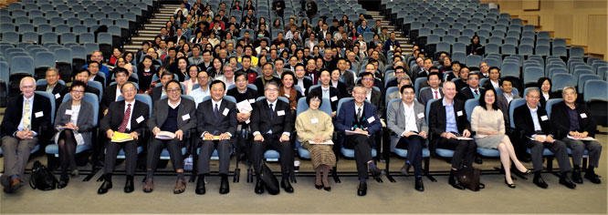 The Chairman of the Research Grants Council, Professor Benjamin Wah (front row, fifth left), and the Chairman of the Major Projects Steering Committee, Professor Edward Yeung (front row, third left), are pictured with participants of the Theme-based Research Scheme Public Symposium 2017 at the Chinese University of Hong Kong today (December 9)