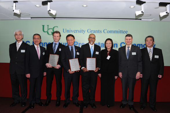 Mr Edward Cheng, Chairman of the UGC and Members of the Selection Panel of the 2012 UGC Teaching Award took a group photo with the three recipients of the UGC Teaching Award 2012 at the presentation ceremony